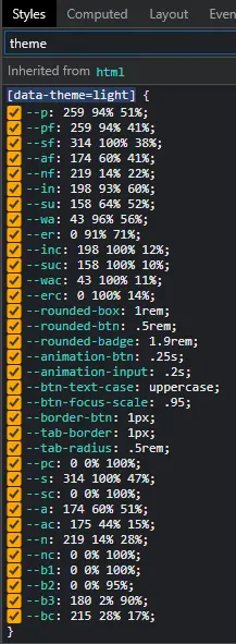 Generated daisyUI theme variables from light theme Generated daisyUI theme variables from light theme