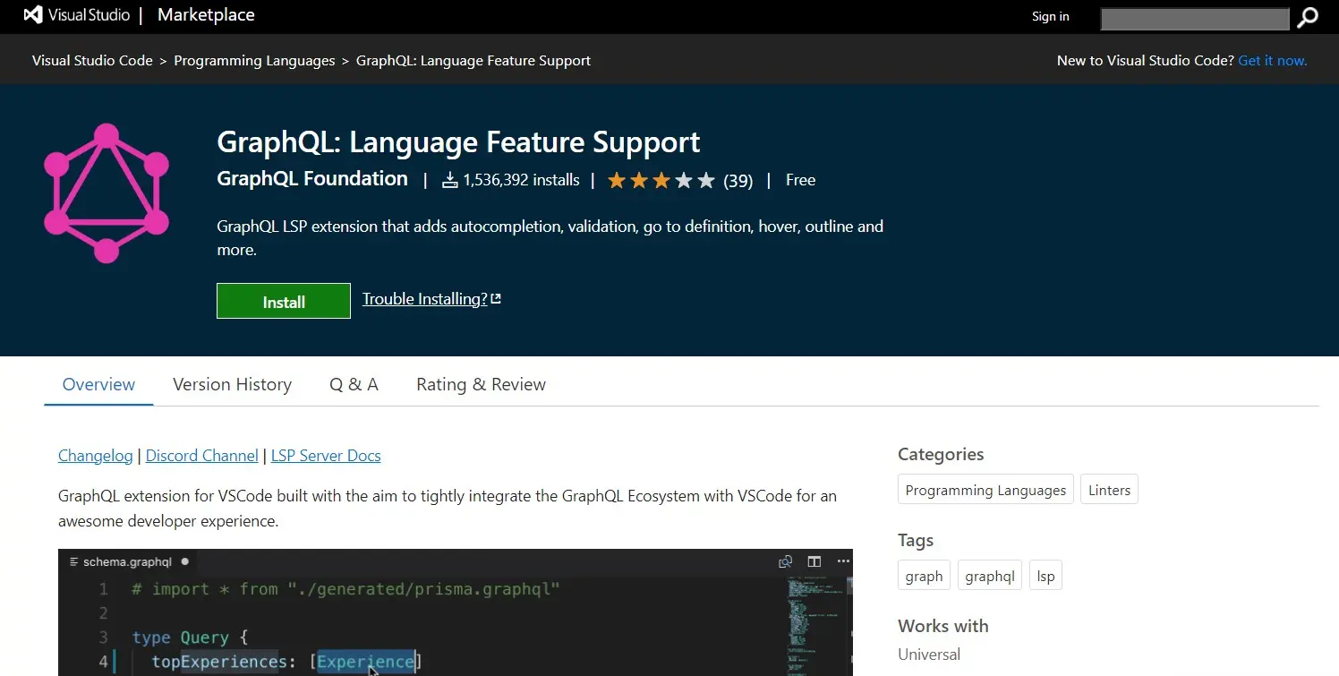 VSCode GraphQL language feature support